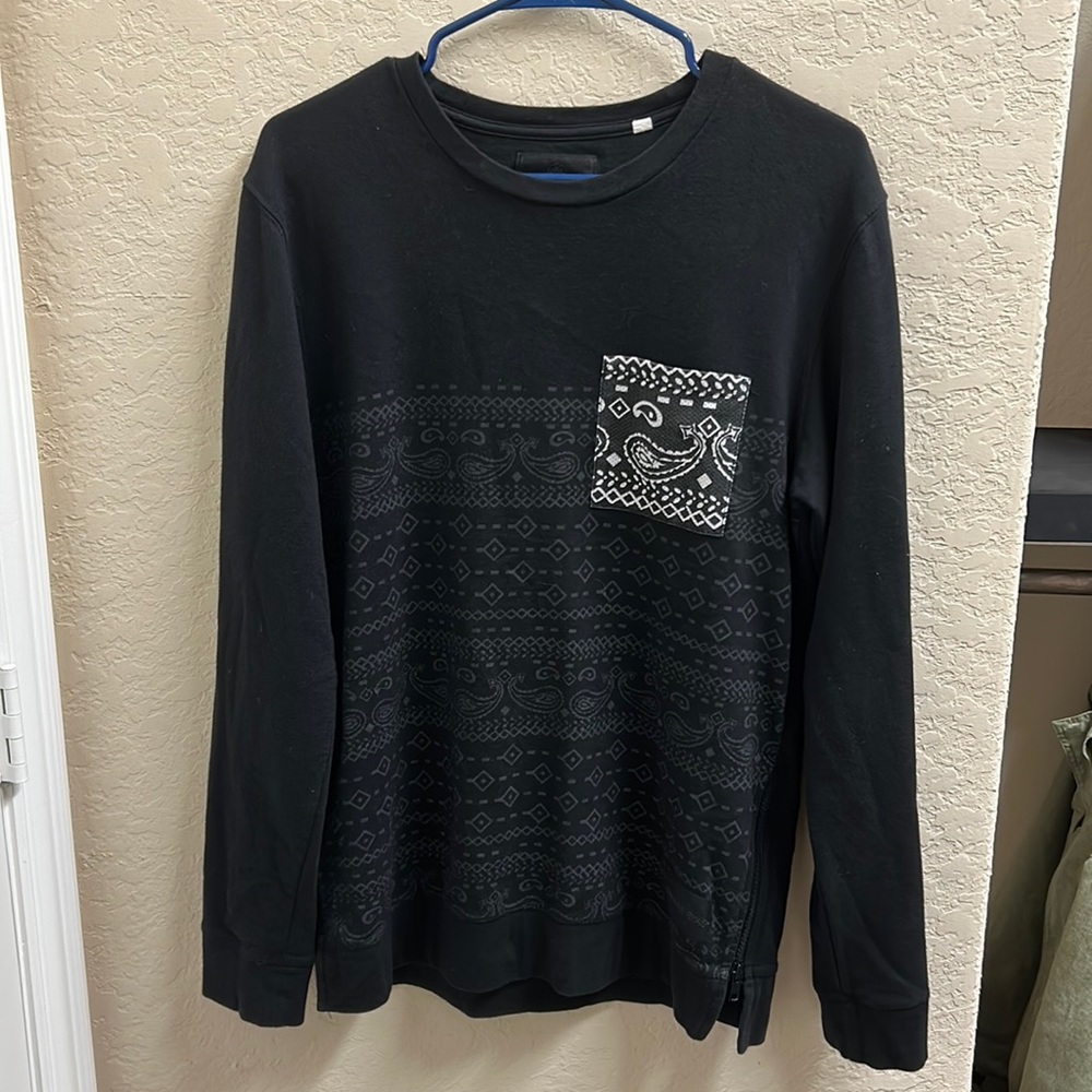 On The Byas Men’s Black Sweater With Front Pocket and Side Zippers Bandana Print